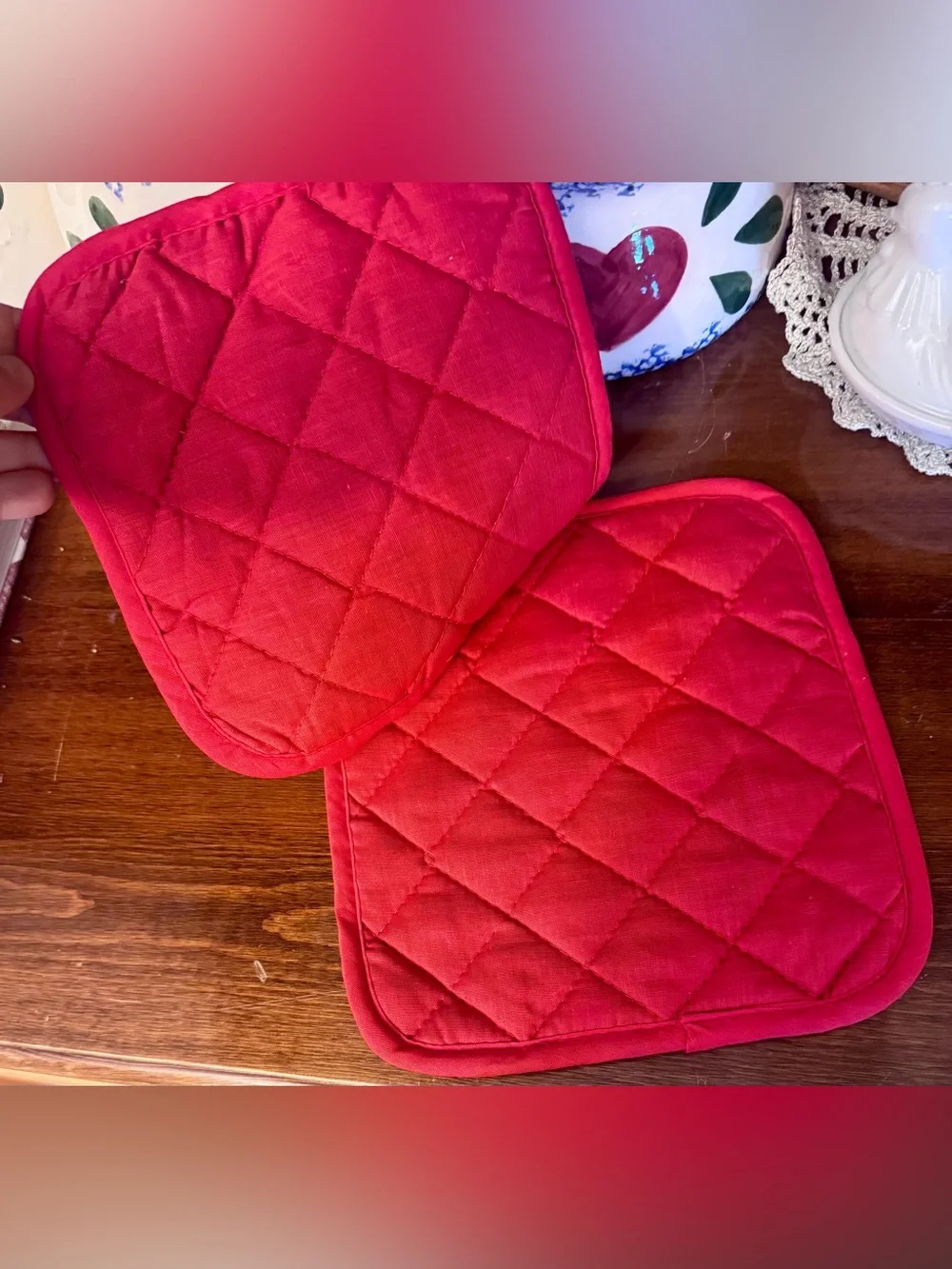 Vintage Christmas potholder and trivet set